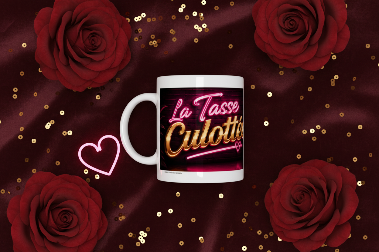 Mug blanc en céramique avec anse et logo lumineux rose et or sur la face