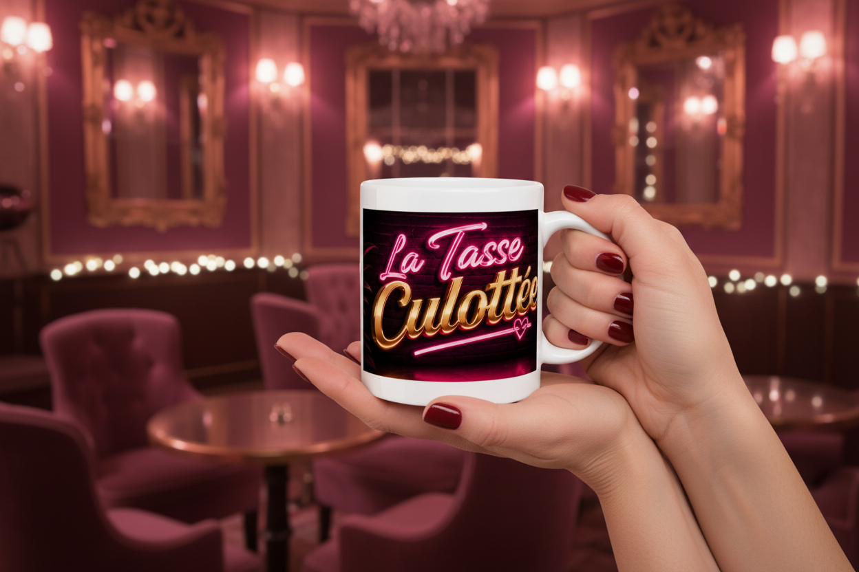 Petite tasse en céramique blanche avec inscription « La Tasse Culottée ».