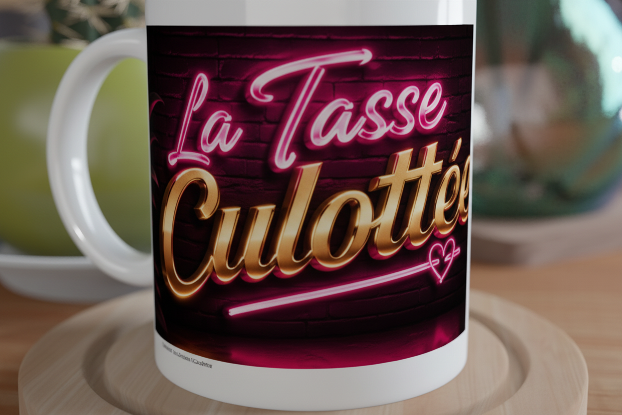 Mug blanc, gros plan sur l’impression lumineuse rose et or sur fond sombre