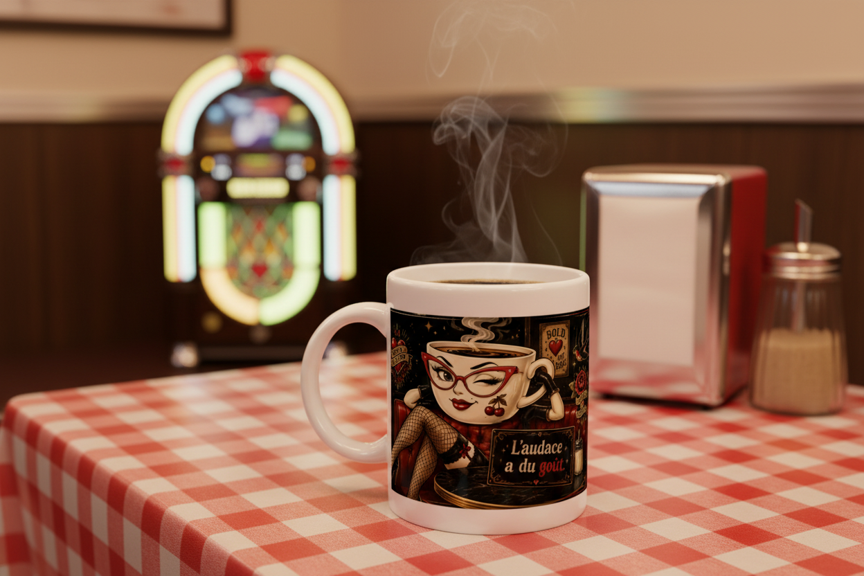 Mug blanc « La Tasse Culottée » noir avec illustration de femme et tasse, anse