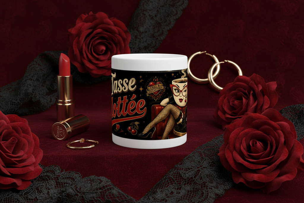 Mug blanc « La Tasse Culottée » noir doré et rouge, anse latérale