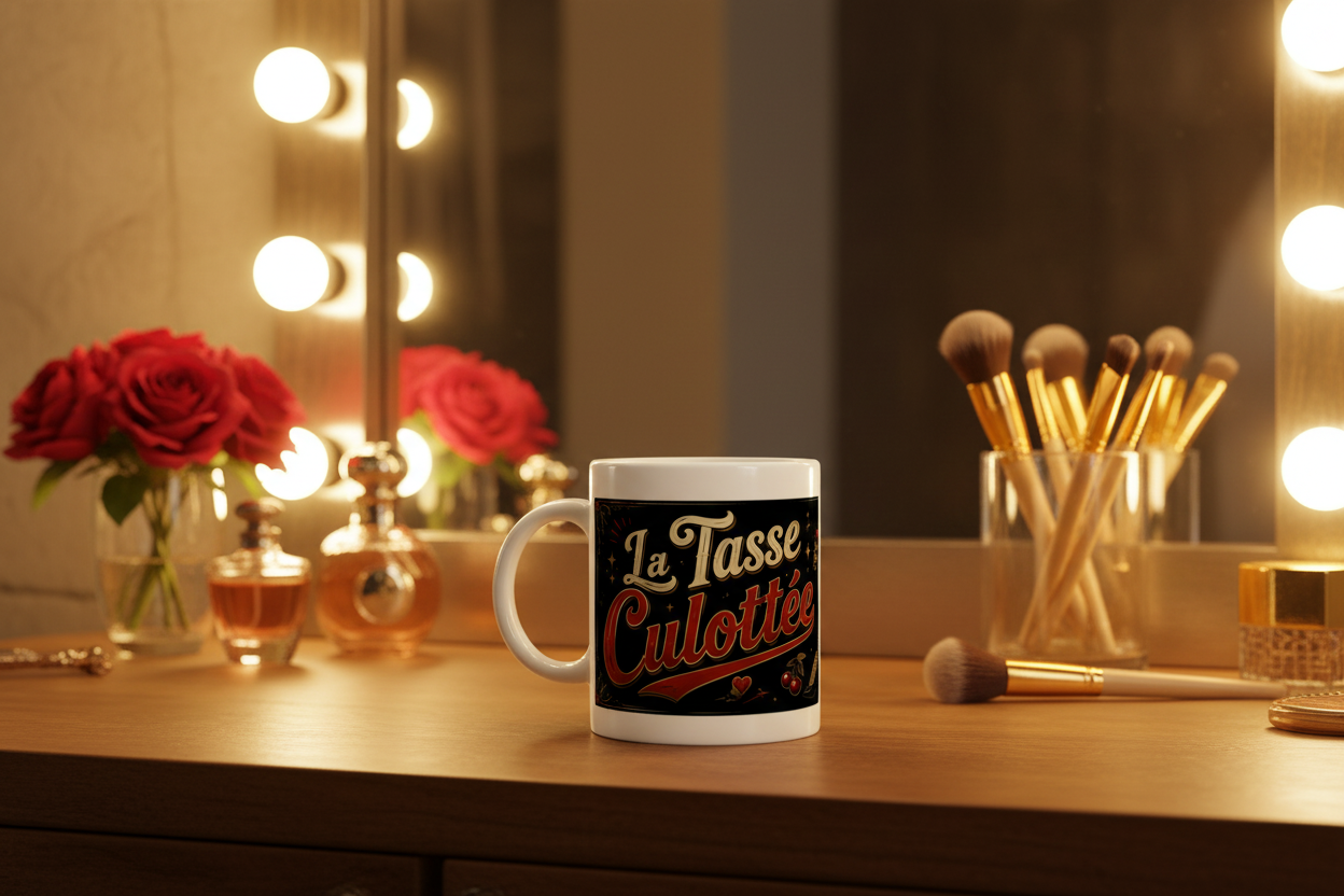 Mug blanc « La Tasse Culottée » noir rouge, vue de côté, anse
