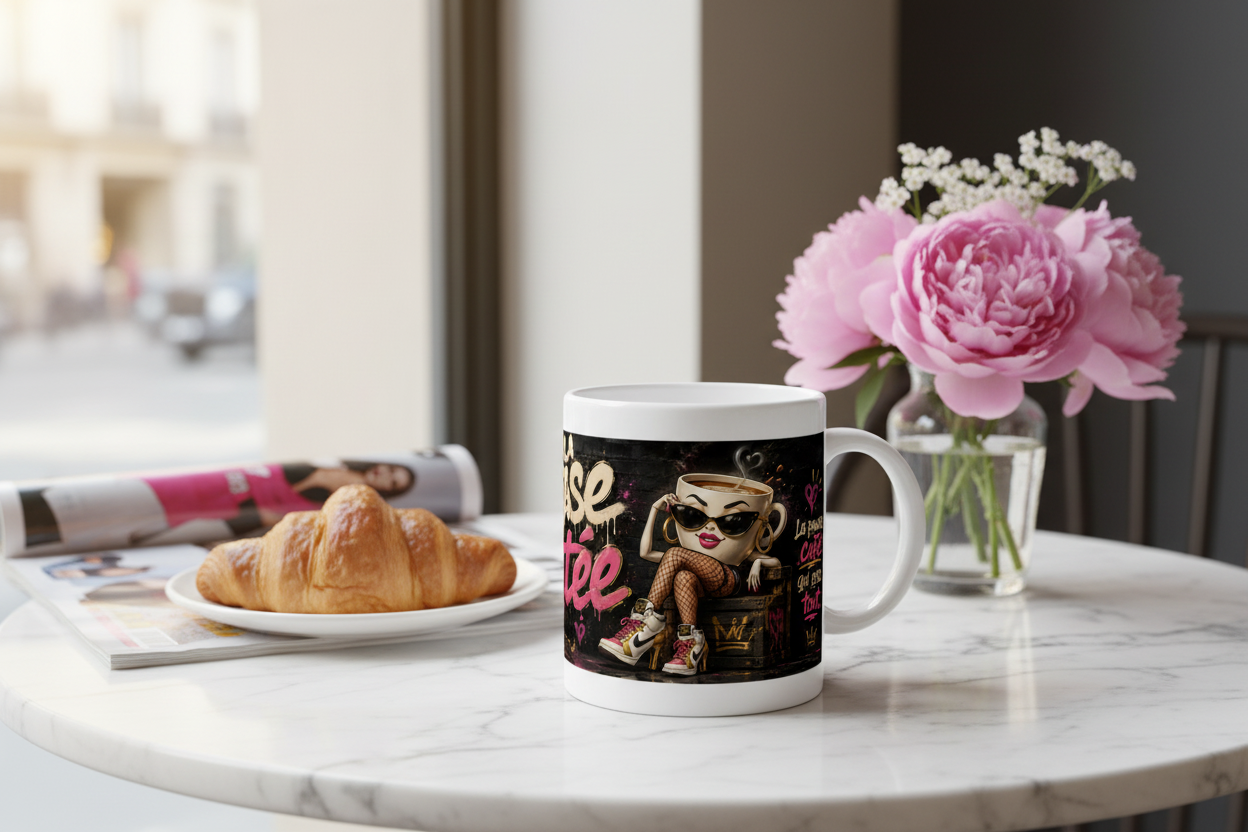 Mug blanc, décor noir et rose avec personnage, anse blanche ; pose sur table.