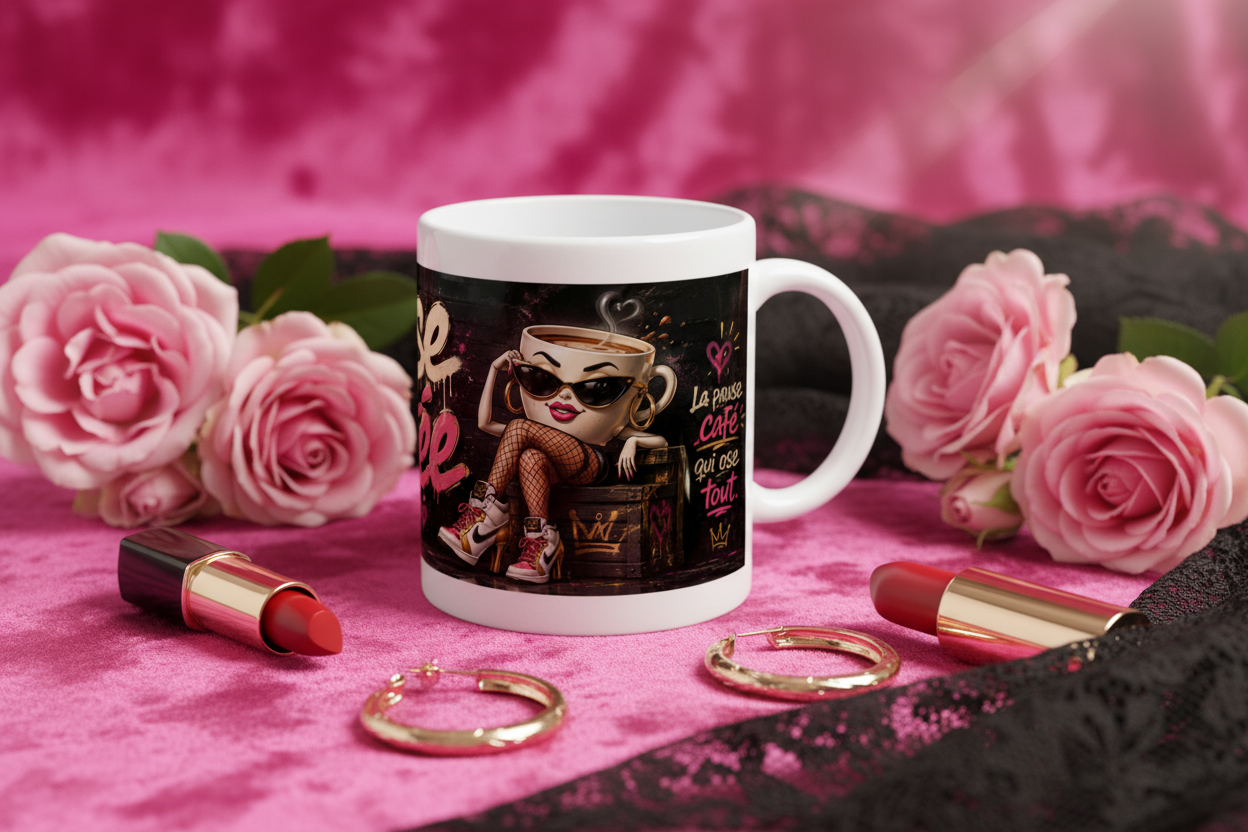 Mug en céramique blanc, anse blanche, décor noir et rose avec personnage de café.
