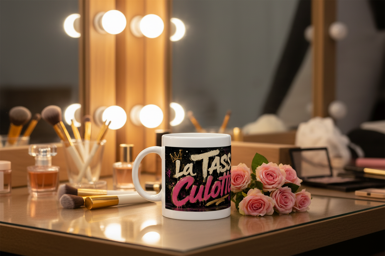 Mug en céramique blanc, décor noir et rose « La Tasse Culottée », anse blanche.