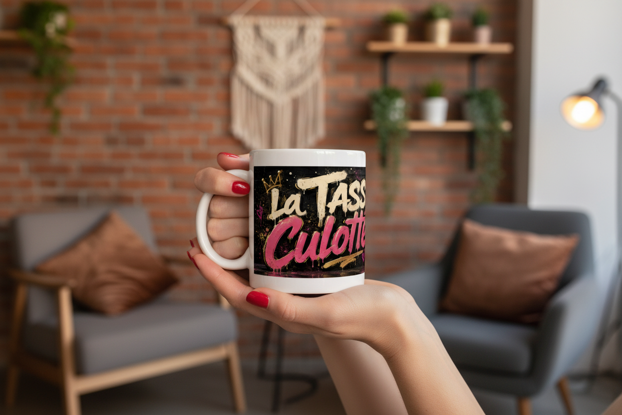 Mug blanc avec anse, décor noir et rose « La Tasse Culottée » sur face avant.
