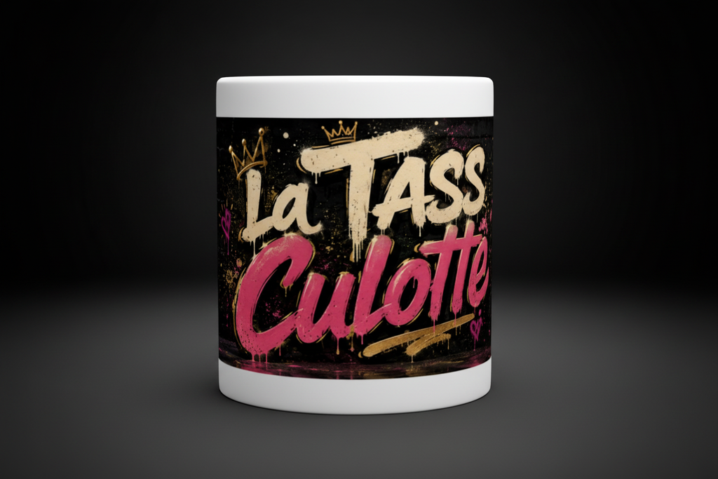 Mug blanc, gros plan du décor noir et rose avec lettrage « La Tasse Culottée ».
