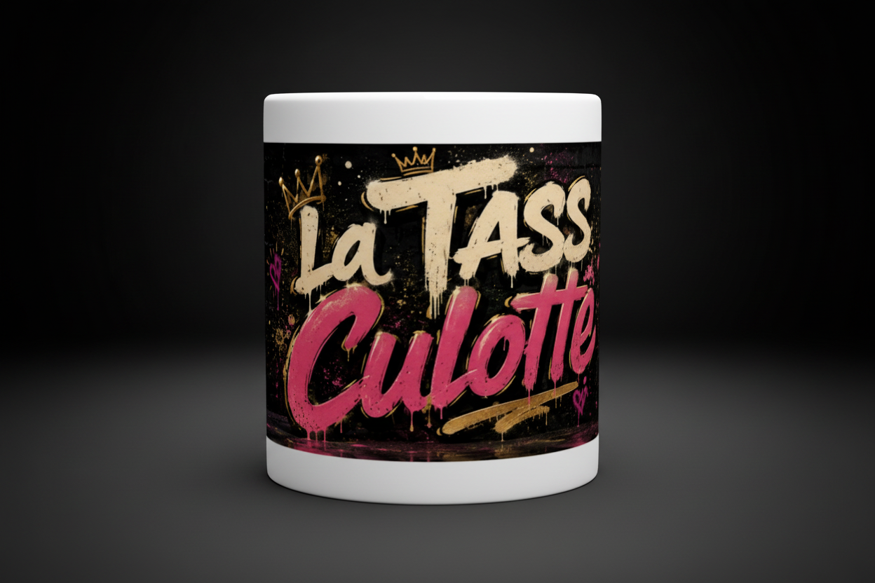 Mug blanc, gros plan du décor noir et rose avec lettrage « La Tasse Culottée ».
