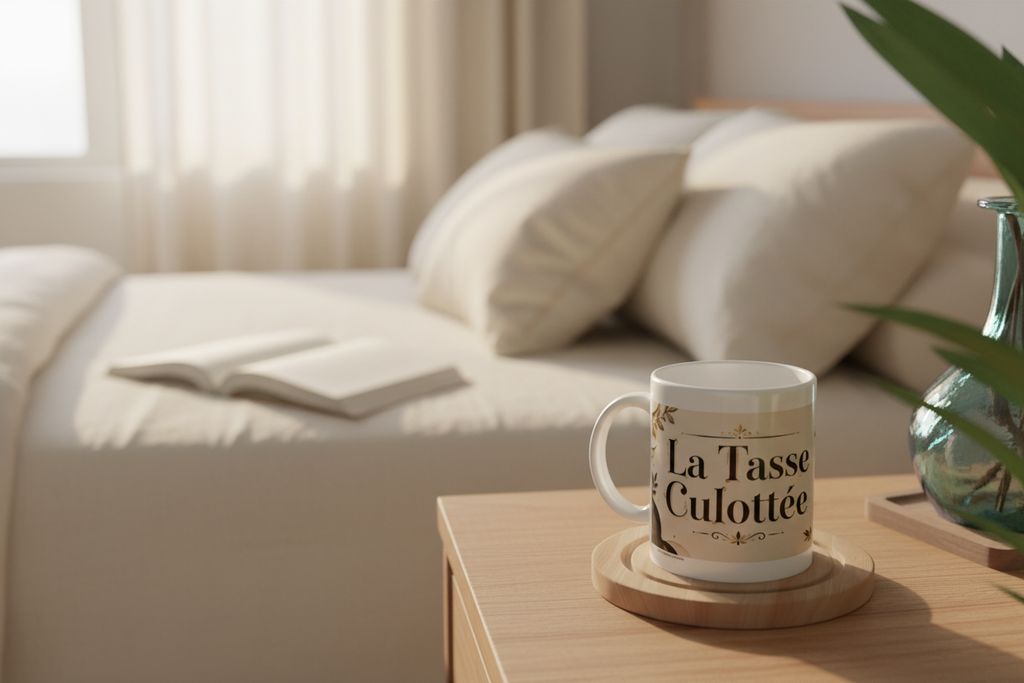 Mug blanc avec poignée, motif crème et lettrage « La Tasse Culottée »