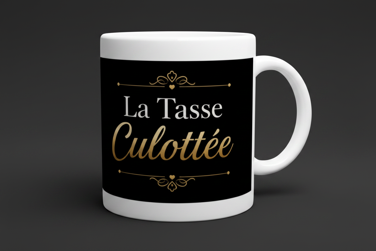 Tasse blanche avec lettrage doré « La Tasse Culottée » sur fond noir.