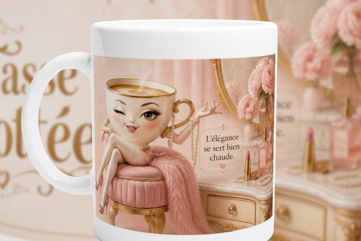 Mug blanc avec illustration de femme en robe rose et texte encadré.