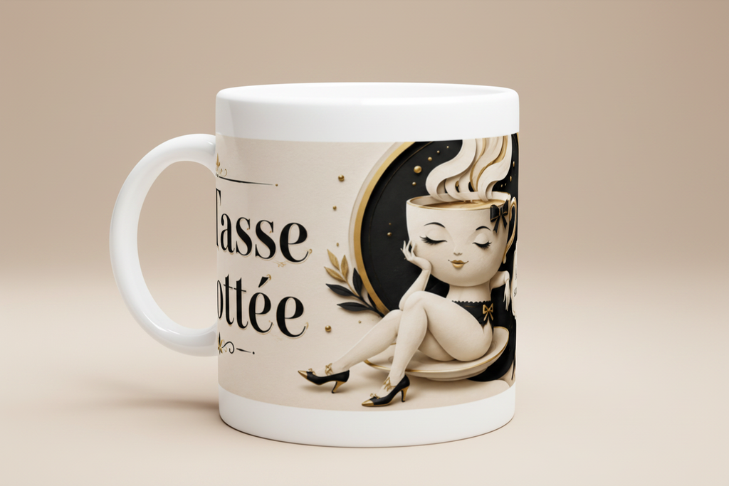 Tasse blanche en céramique, illustration noir/doré et texte « La Tasse Culottée »