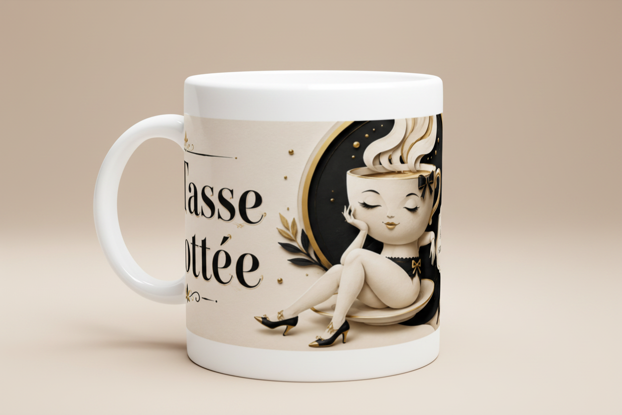 Tasse blanche en céramique, illustration noir/doré et texte « La Tasse Culottée »