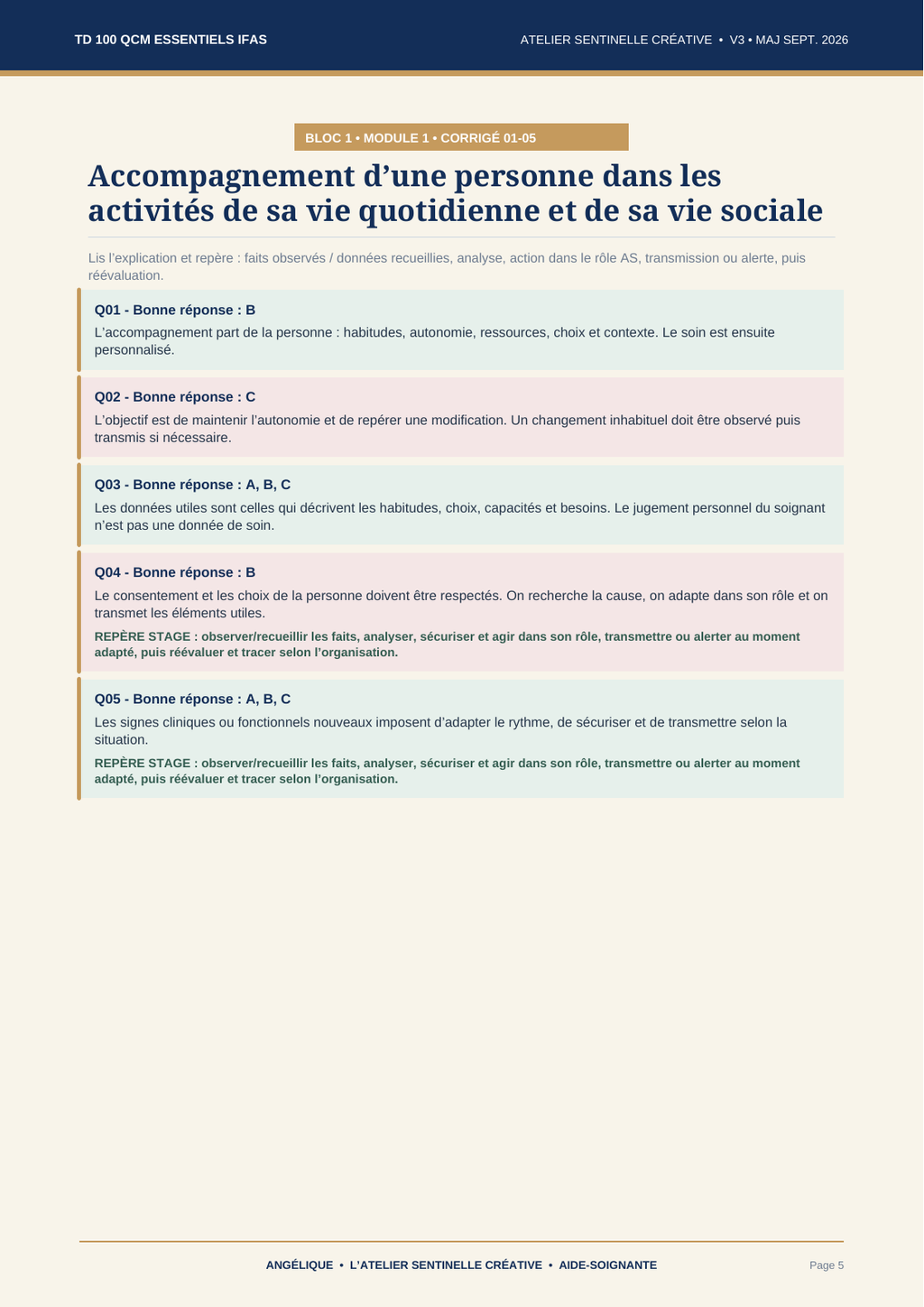 Page de QCM IFAS : questions sur l’accompagnement dans les activités de sa vie sociale.