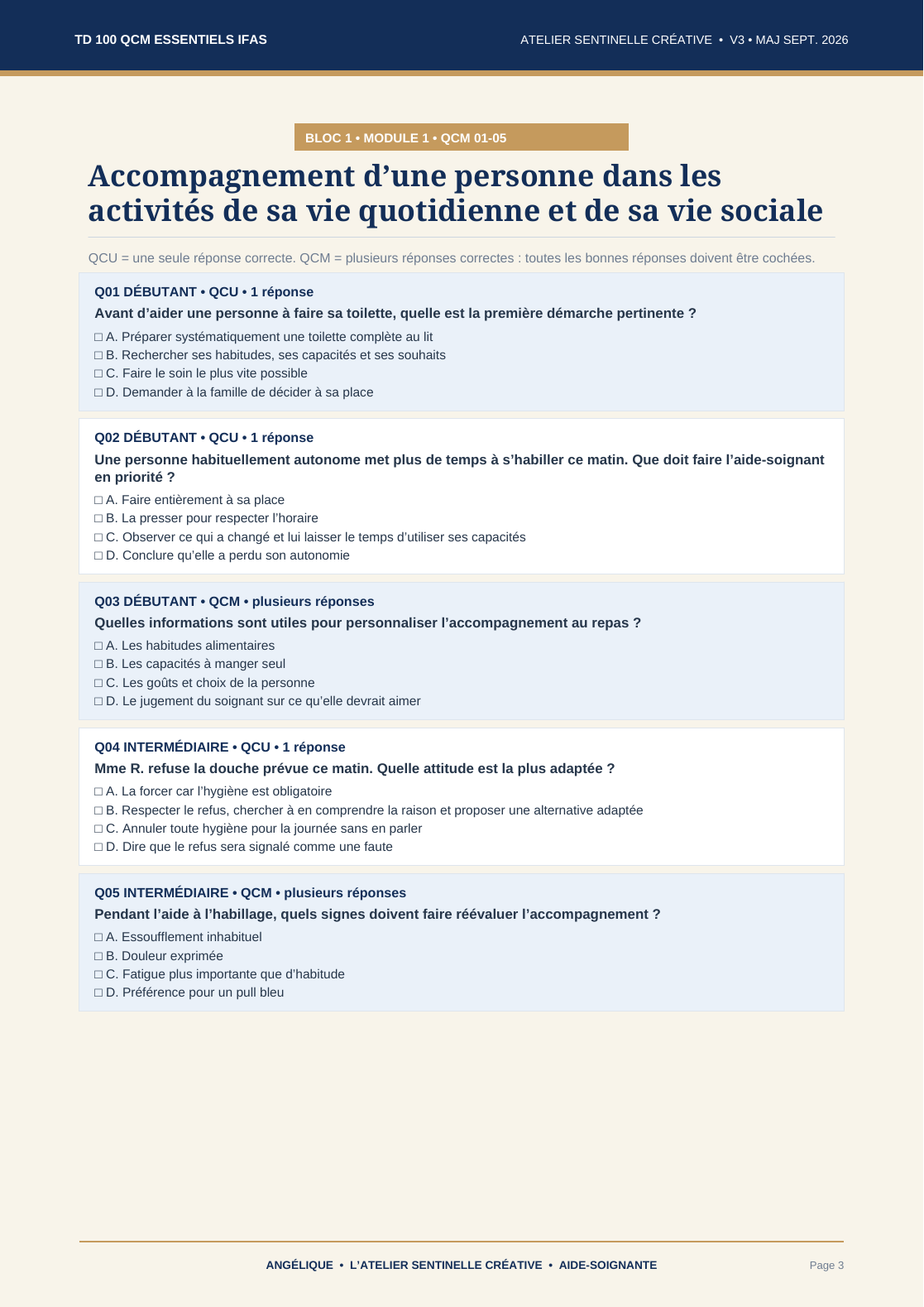 Page de QCM IFAS avec choix multiples et corrigé explicatif pour un module.
