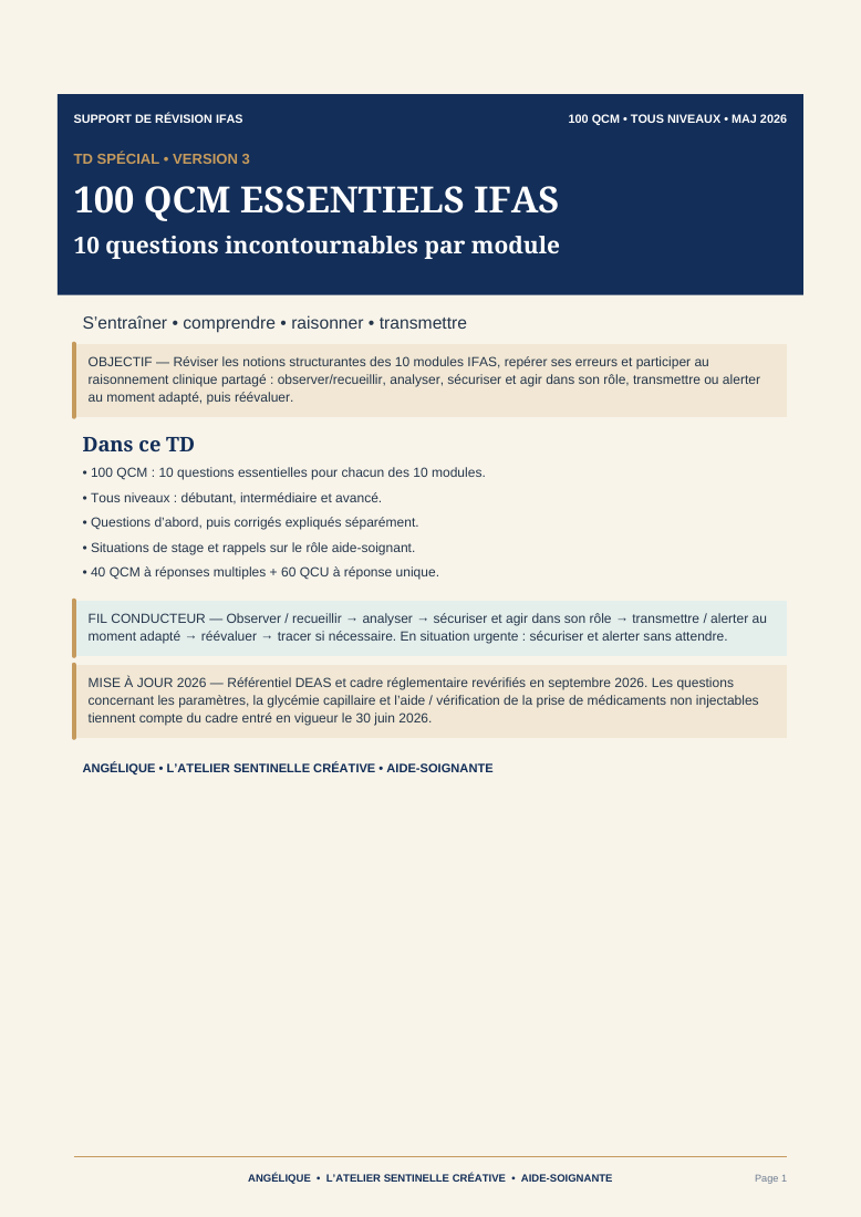 Livret QCM IFAS avec 10 questions incontournables, en page d’introduction.
