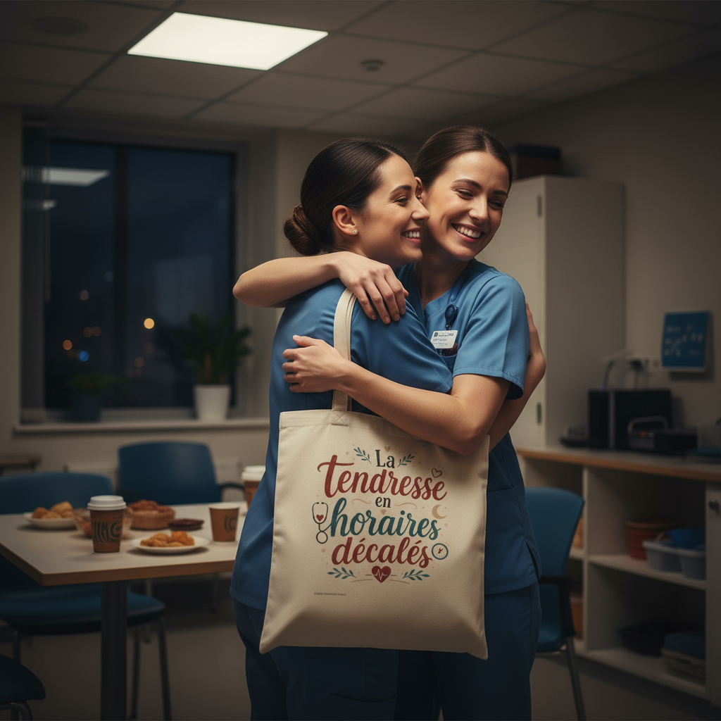 Tote bag beige en toile avec anses, texte « La tendresse en horaires décalés ».