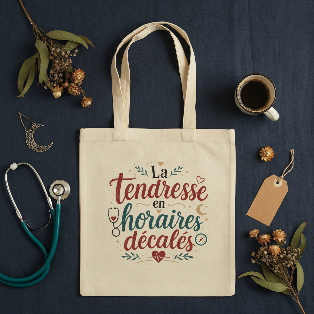 Tote bag beige en toile, anses longues et motif typographique « La tendresse en horaires décalés ».