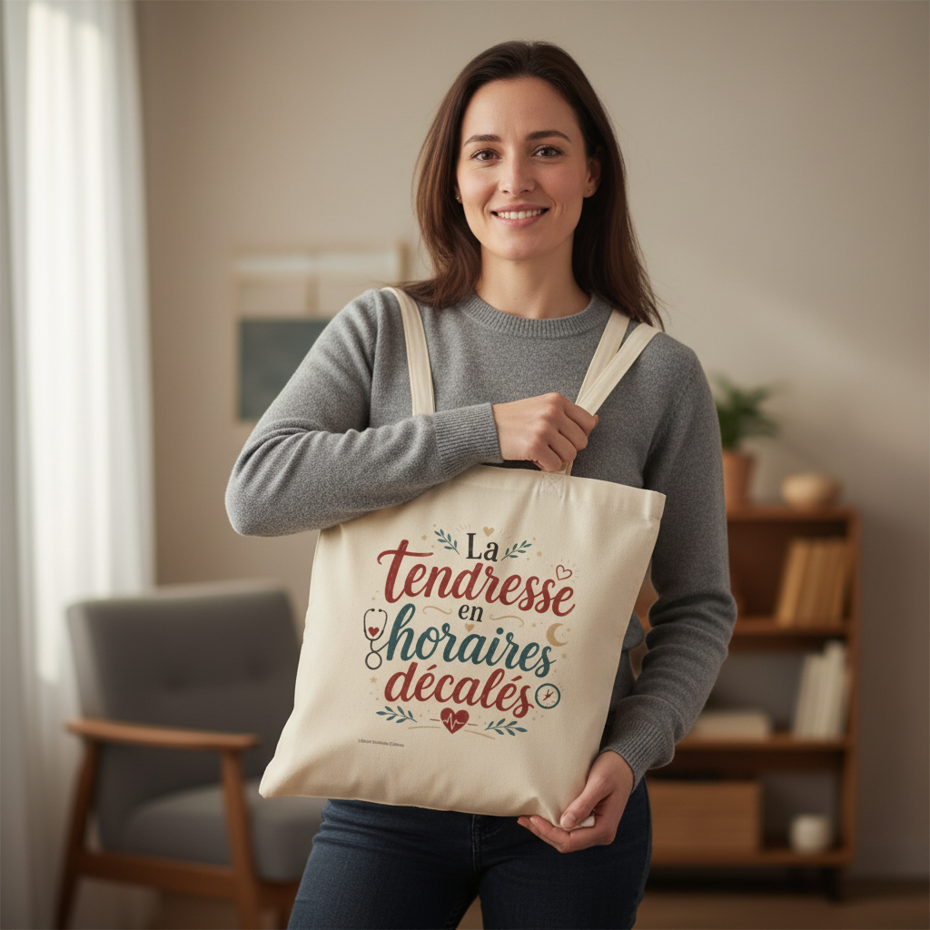 Tote bag beige en toile avec anses, motif « La tendresse en horaires décalés » visible.