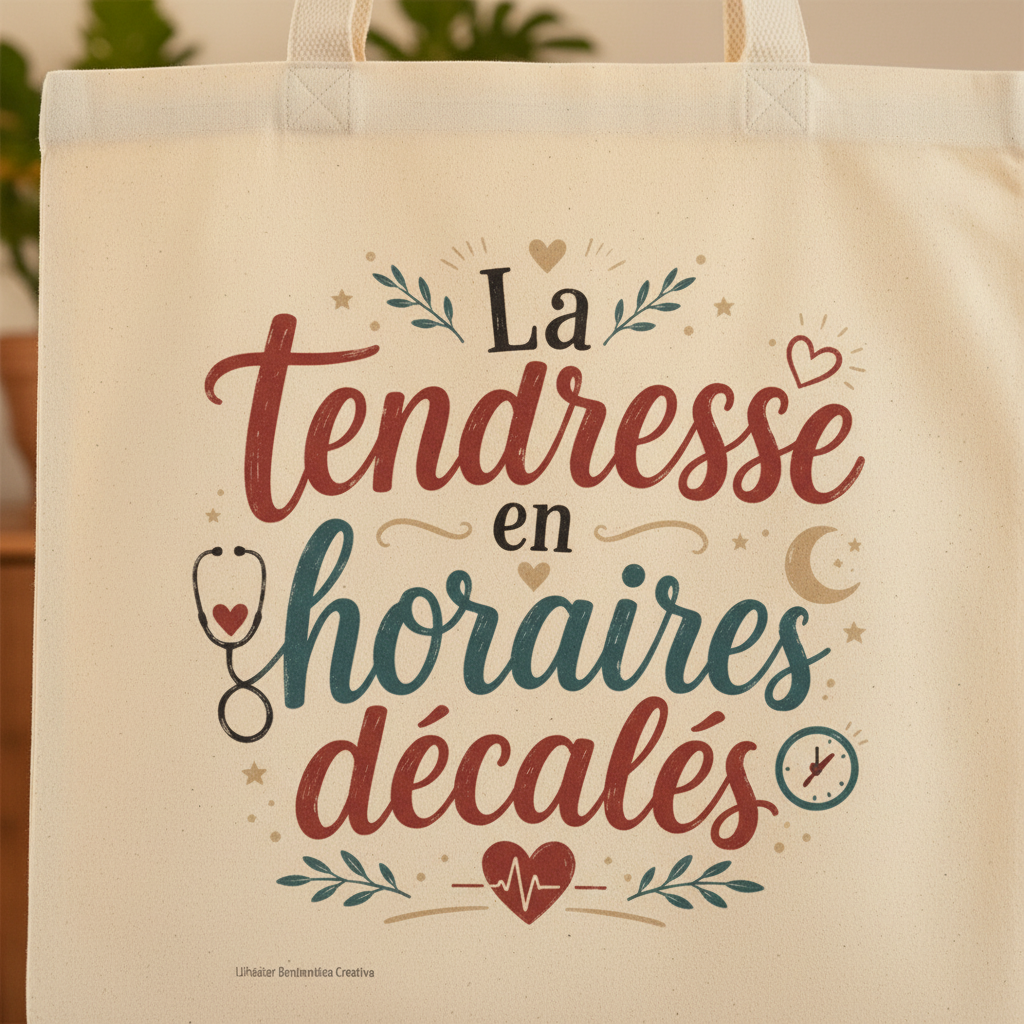 Tote bag beige : gros plan du motif « La tendresse en horaires décalés ».