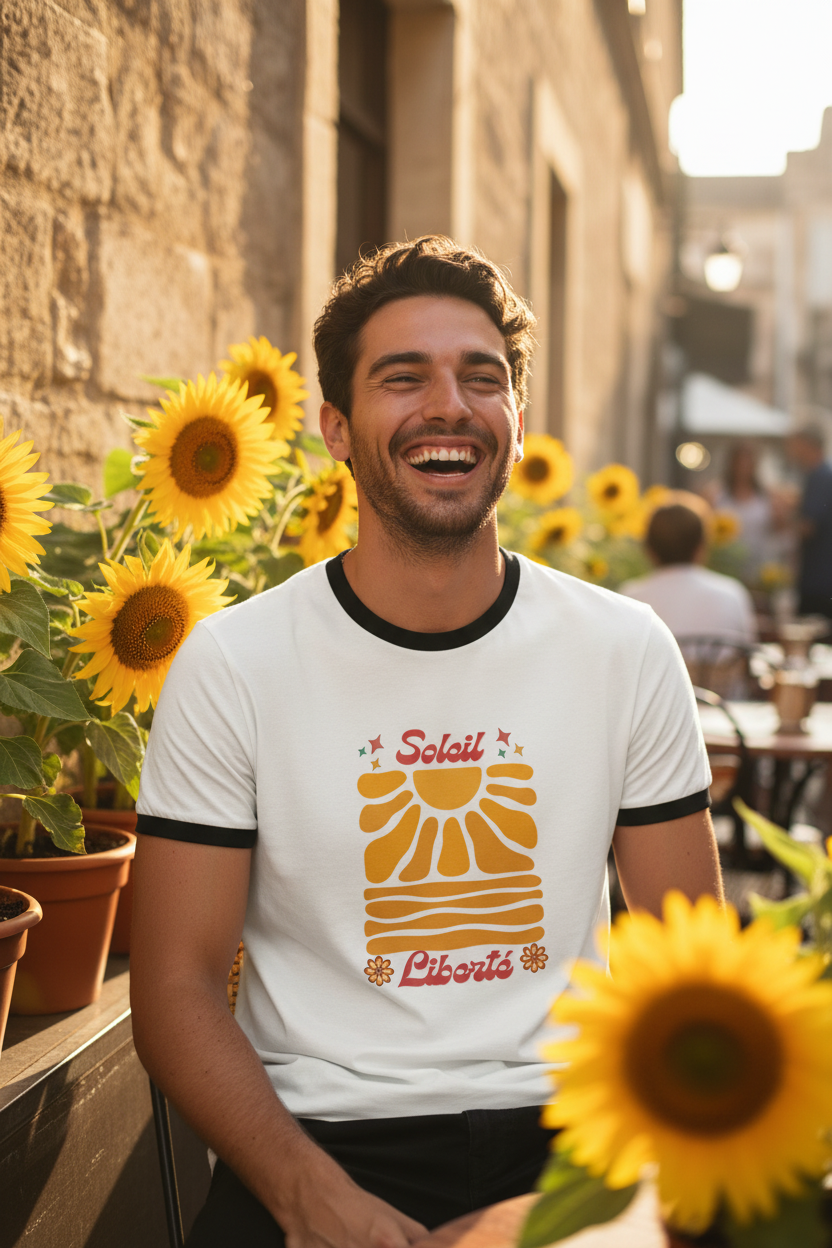 T-shirt blanc à col noir, grand imprimé soleil rétro jaune et orange, coupe unisexe.