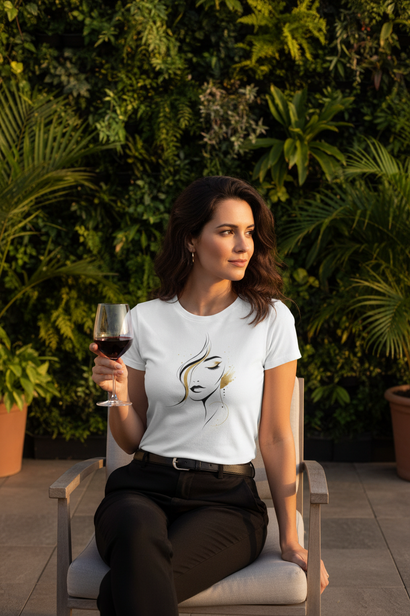 T-shirt blanc femme, motif visage en line art doré centré sur la poitrine