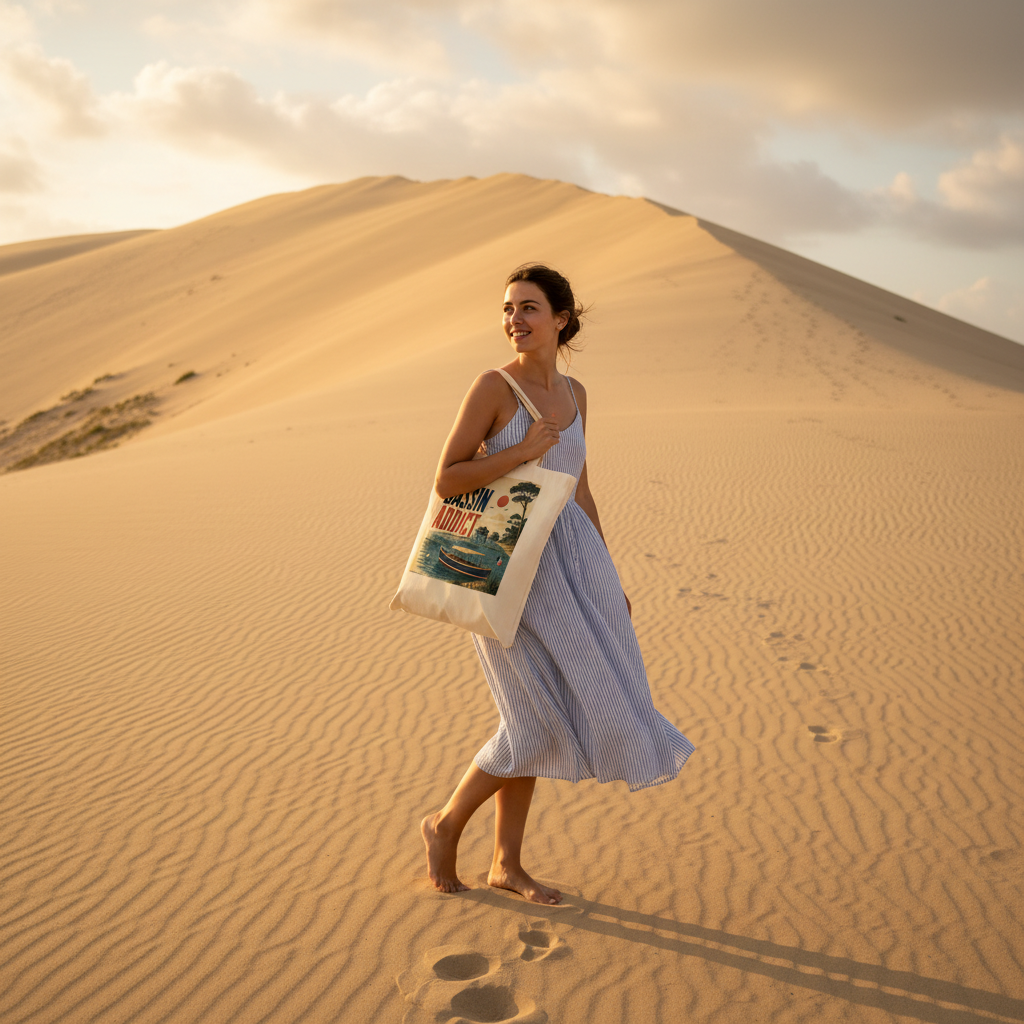 Sac cabas en toile beige avec impression paysage Bassin d’Arcachon et anses