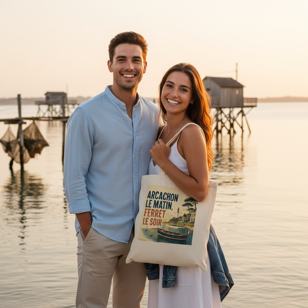 Tote bag écru avec anses et visuel « Arcachon le matin, ferret le soir »