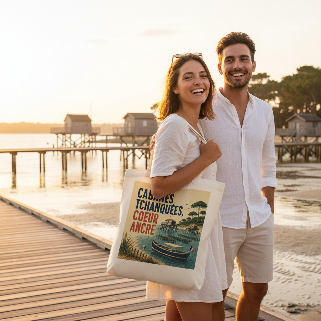 Tote bag écru porté, grand motif illustré au centre