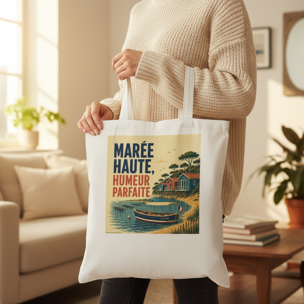 Tote bag en coton blanc, anses, visuel « Marée Haute, Humeur Parfaite »
