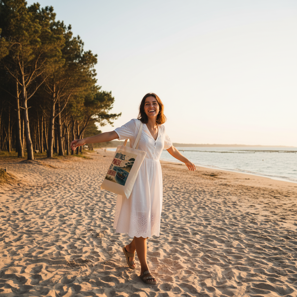 Tote bag blanc avec illustration « Huîtres, Pinède et Liberté » porté