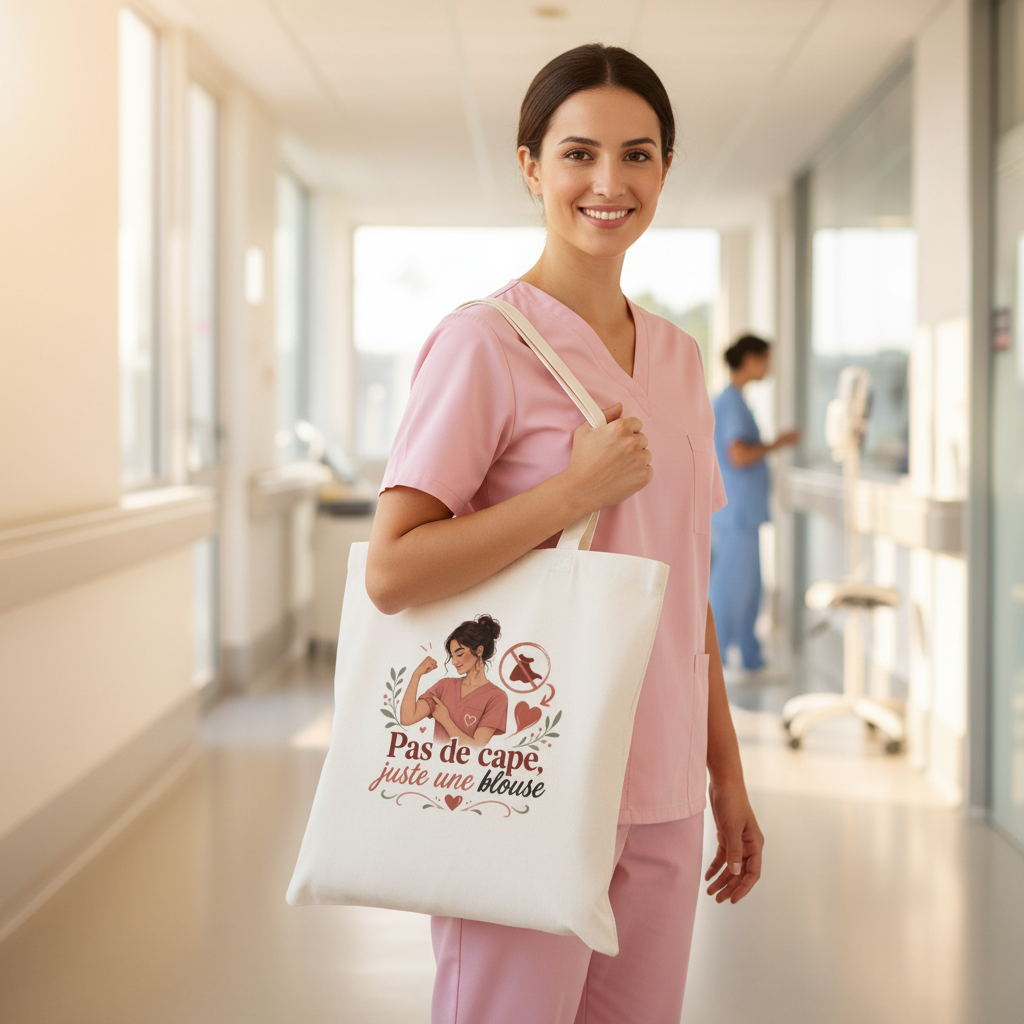 Tote bag blanc soignante couloir hôpital
