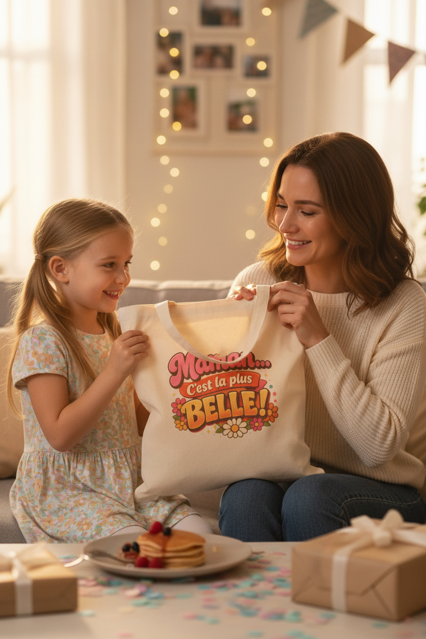 Tote bag coton naturel, motif centré « Maman... C’est la plus BELLE! »