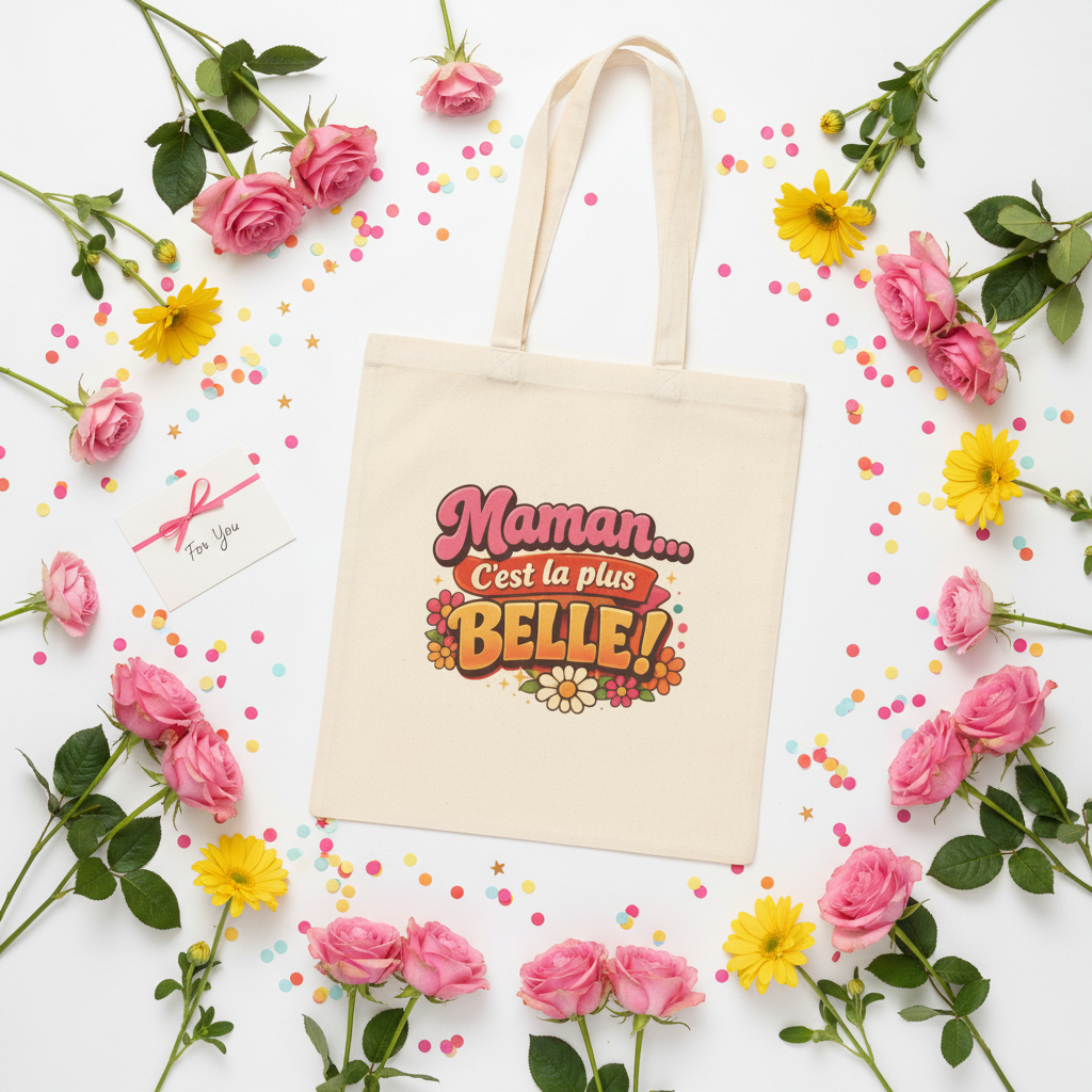Tote bag en toile naturelle, motif « Maman... C’est la plus BELLE! » imprimé au centre