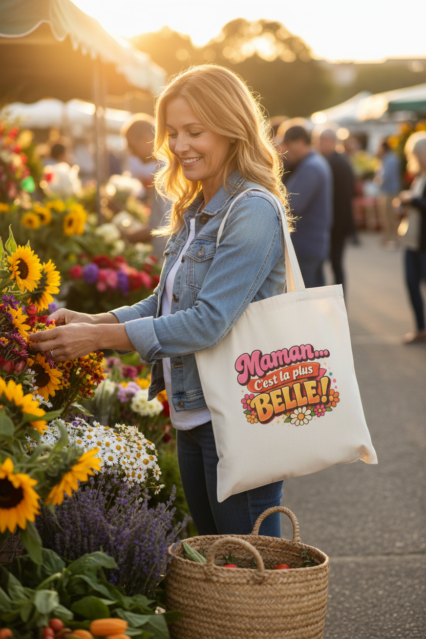 Tote bag en coton naturel, motif « Maman... C’est la plus BELLE! » sur le devant