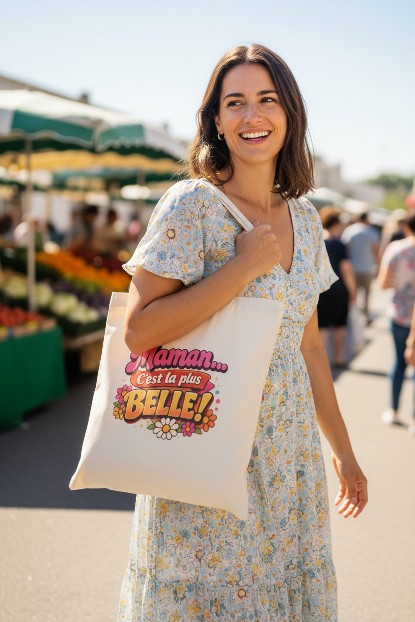 Tote bag coton naturel, anses courtes, motif « Maman... C’est la plus BELLE! »