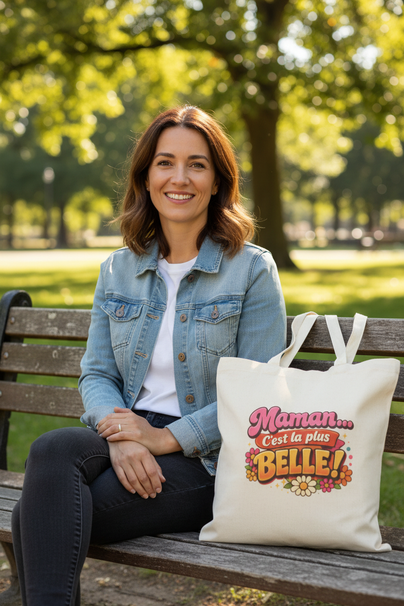 Tote bag en coton naturel, sac cabas avec motif « Maman... C’est la plus BELLE! »