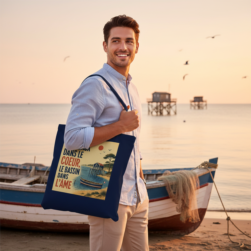 Tote bag bleu marine imprimé « Bordeaux dans le cœur »