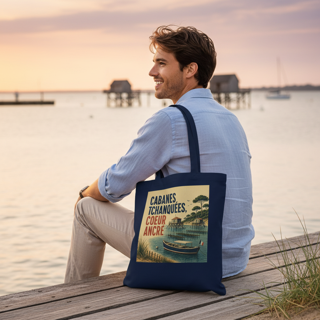Tote bag bleu marine porté, motif illustré au centre