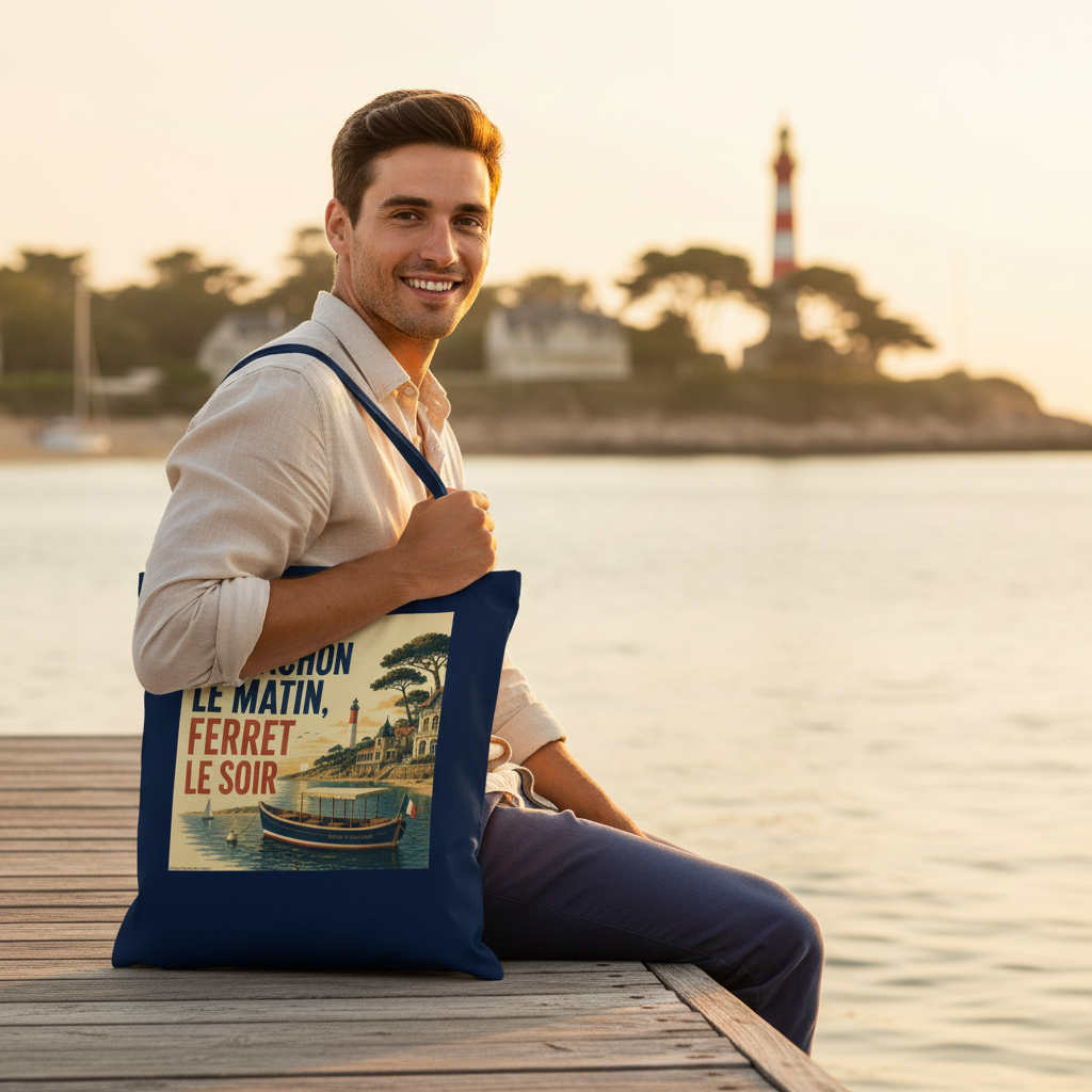 Tote bag bleu marine avec anses et visuel « Arcachon le matin, ferret le soir »