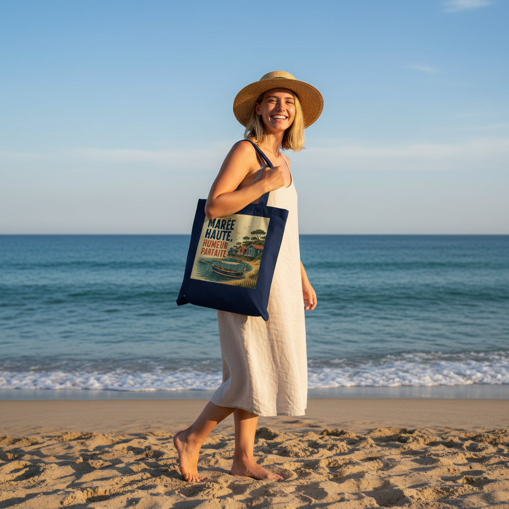 Tote bag bleu marine en toile avec motif marin multicolore et anses longues