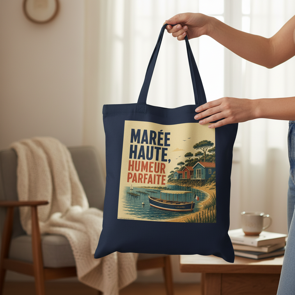 Tote bag en coton bleu marine, anses, visuel « Marée Haute, Humeur Parfaite »