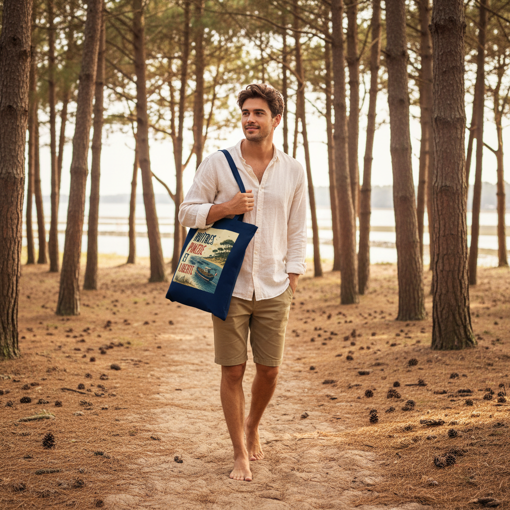 Tote bag bleu marine avec illustration « Huîtres, Pinède et Liberté » portée