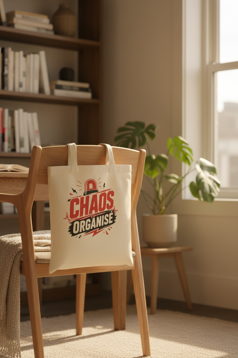 Tote bag naturel Chaos Organisé accroché sur une chaise ambiance cosy