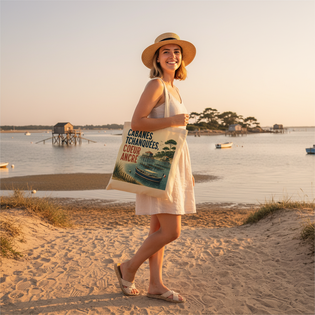 Tote bag naturel porté à l’épaule, motif illustré au centre