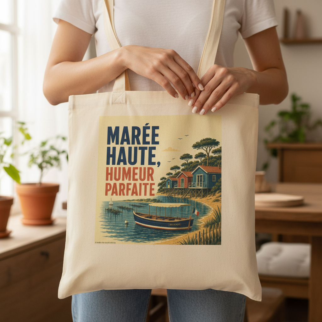 Tote bag en coton beige clair, anses, grand visuel « Marée Haute, Humeur Parfaite »
