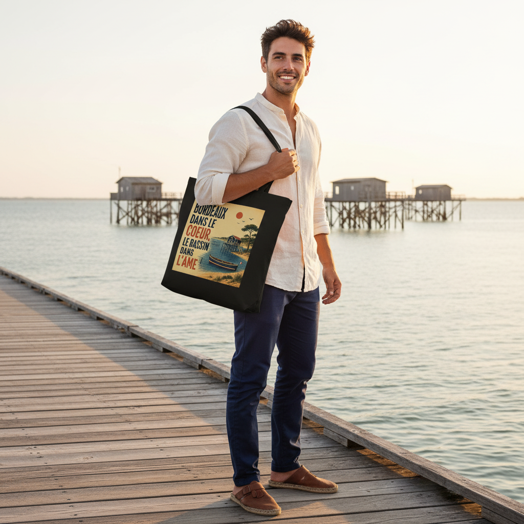 Tote bag noir imprimé « Bordeaux dans le cœur »