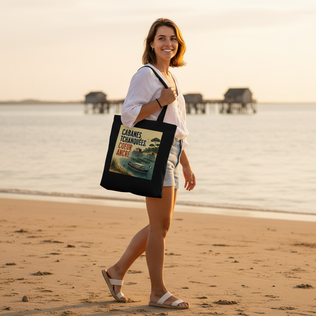 Tote bag noir porté, motif illustré au centre