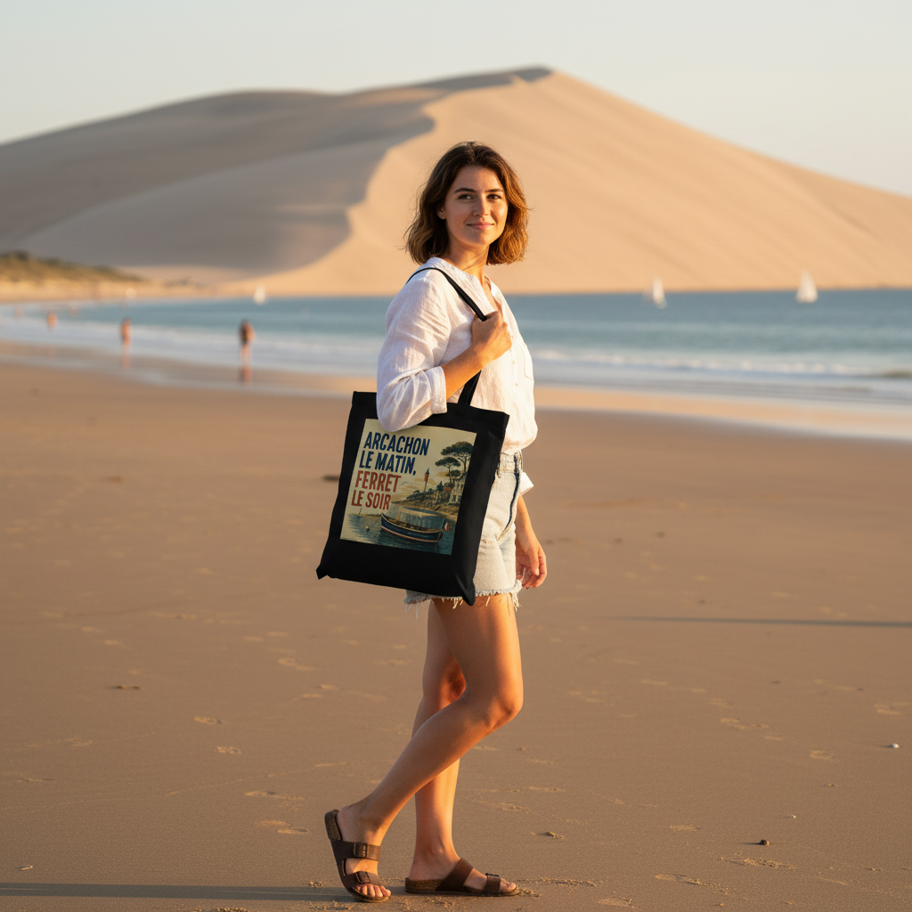 Tote bag noir avec anses et visuel « Arcachon le matin, ferret le soir »