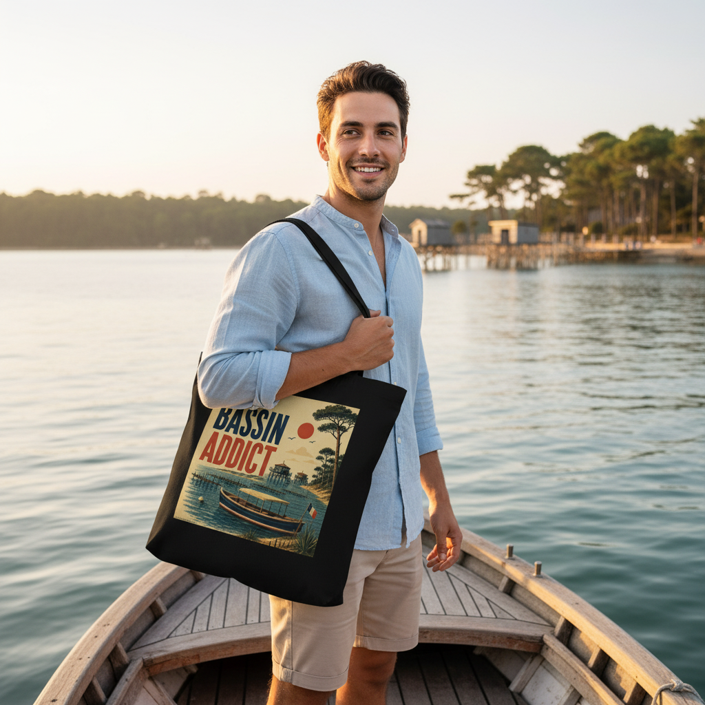 Tote bag noir porté en bandoulière, avec impression rectangulaire